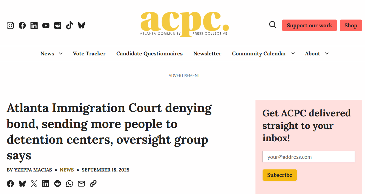 Tribunal de Imigração de Atlanta nega fiança e envia mais pessoas para centros de detenção, afirma grupo de fiscalização.